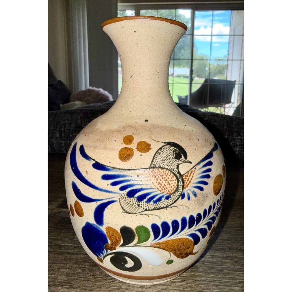 Tonala Mexican Folk Art Bud Vase Bird Butterfly Hand Painted Stoneware Mexico